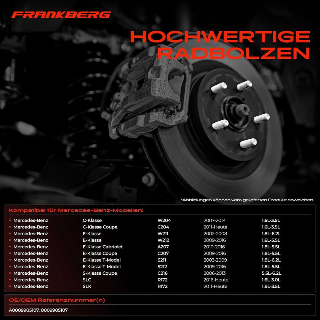 Frankberg 10x Radbolzen Radschraube Vorne Hinten Kompatibel mit C-Klasse 2007-2021 E-Klasse 2002-201