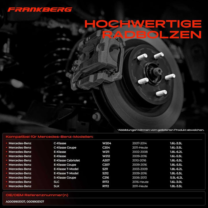 Frankberg 10x Radbolzen Radschraube Vorne Hinten Kompatibel mit C-Klasse 2007-2021 E-Klasse 2002-201