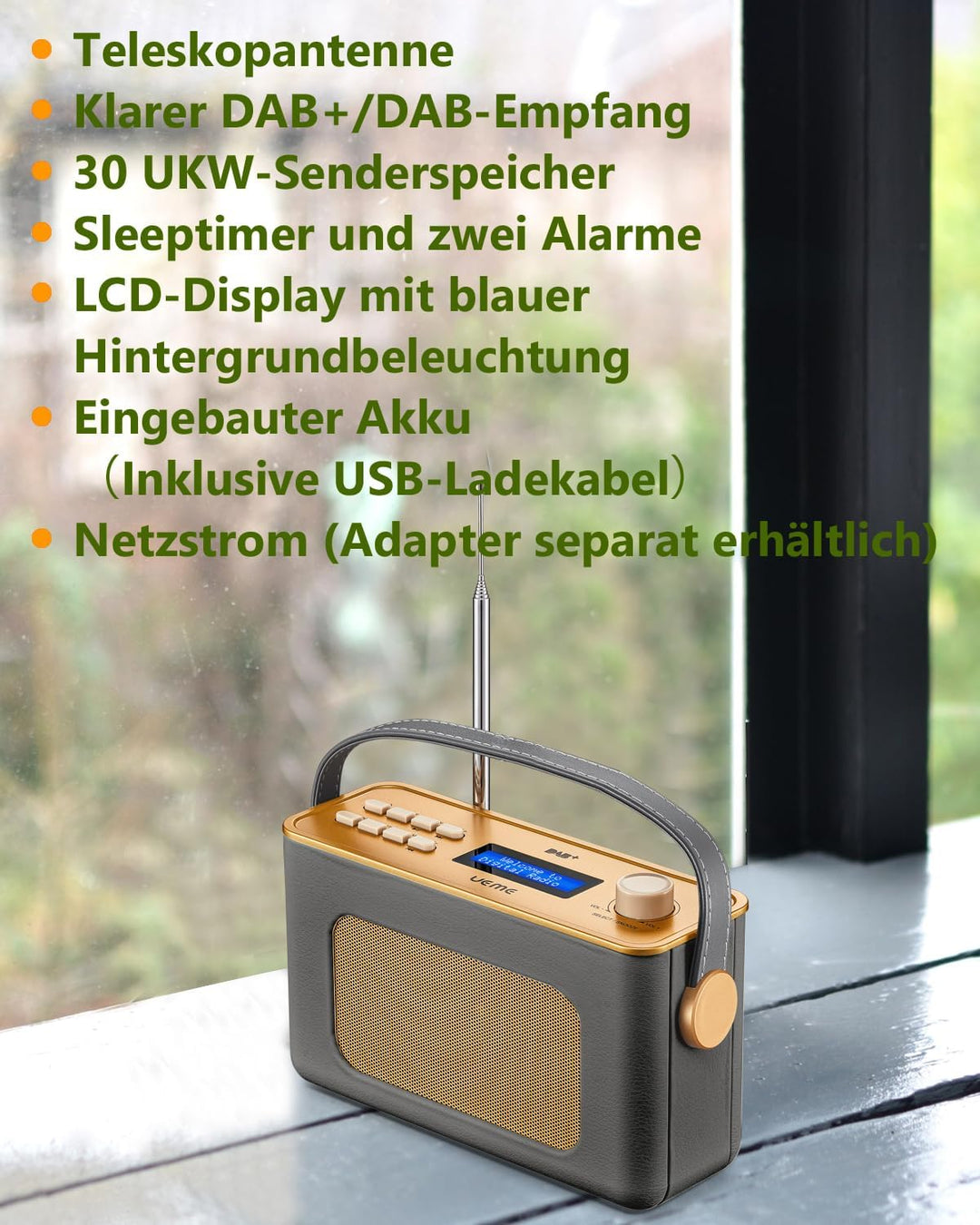 Tragbarer Retro Design DAB Plus/FM Radio, Bluetooth Lautsprecher DAB + Radio mit Wiederaufladbarer L