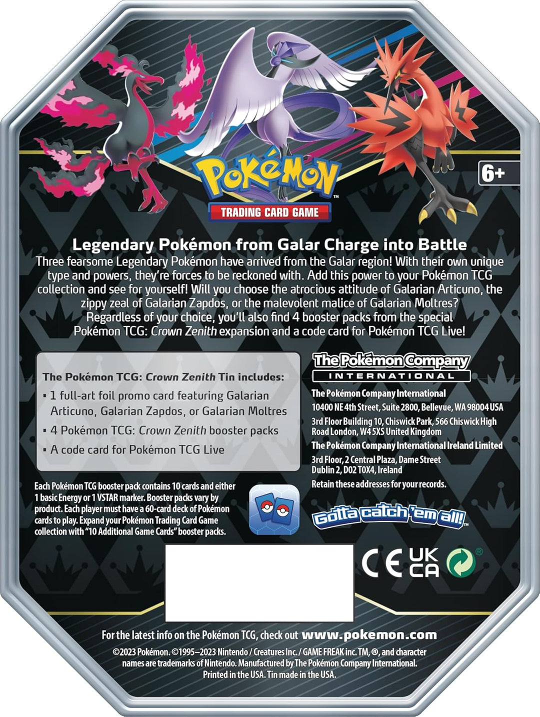 Pokémon-Sammelkartenspiel: Tin-Box Zenit der Könige – Galar-Zapdos (1 holografische Karte & 4 Booste