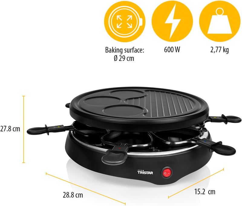 Tristar Raclette für bis zu 6 Personen mit 6 Pfännchen und Crêpe-und Grill-Bereich/Durchmesser 29 cm