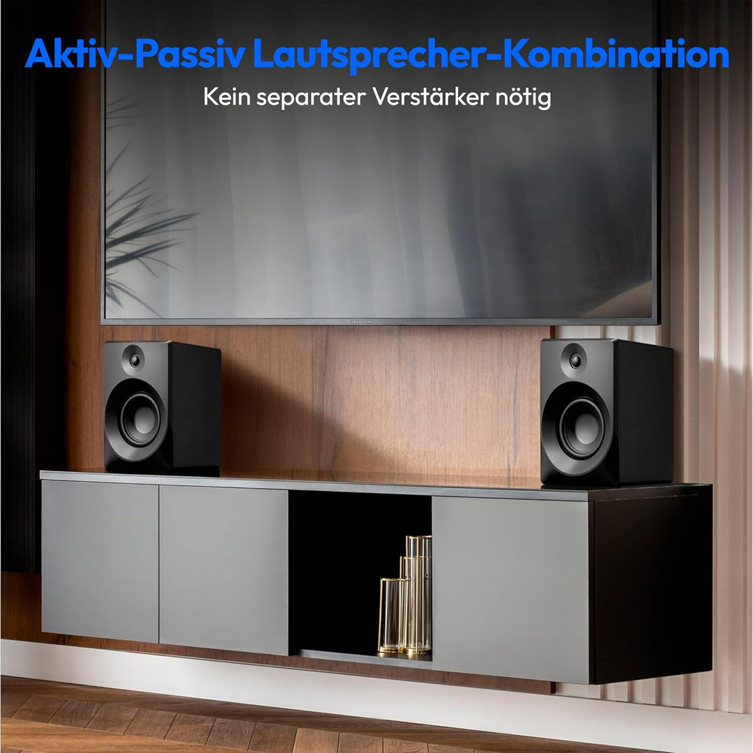 MEDION P61925 Regallautsprecher (aktiv und passiv, Holzgehäuse, 2 Wege System, Bluetooth5.0, integri