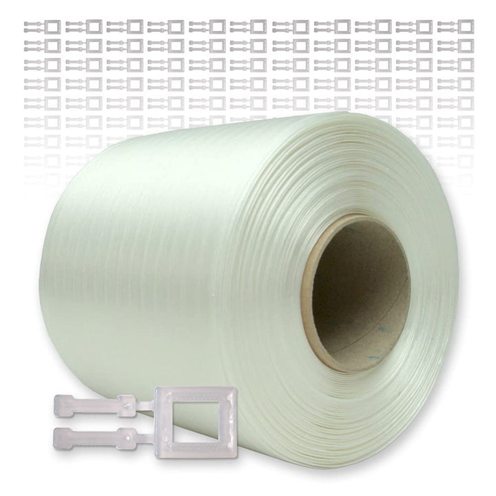 Textil Umreifungsband 9 mm, 500 m, 60 mm Kern + 250 Plastikschnallen 13 mm