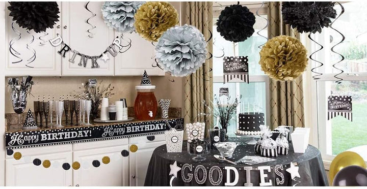 Schwarz Gold Party Deko Set - DIY Pompoms Blumen, Quaste Girlande, Luftballons, Polka Dot Papier Gir