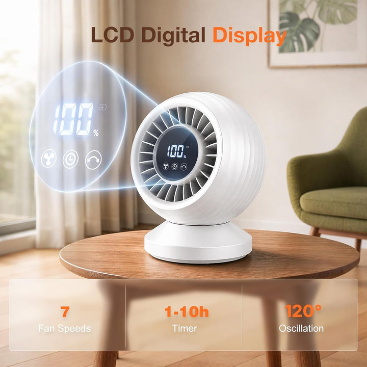 Tischventilator Leise 22dB,3D Turbo Luftzirkulator,120°Oszillation,7 Geschwindigkeitsstufen,1–10H Ti