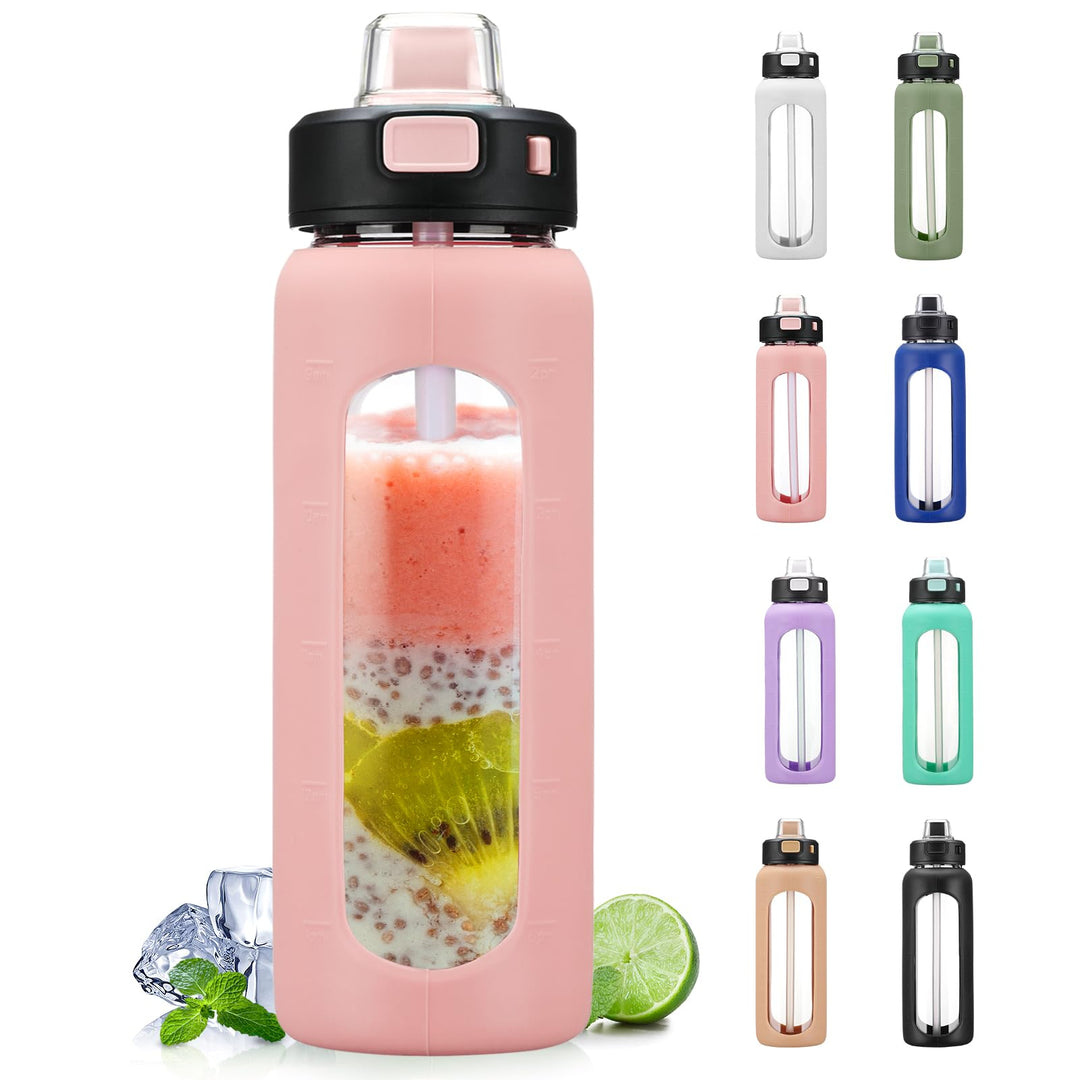 BLUEGO 700ml Trinkflasche Glas mit Strohhalm und Griff Auslaufsichere Wasserflasche mit Silikonhülle