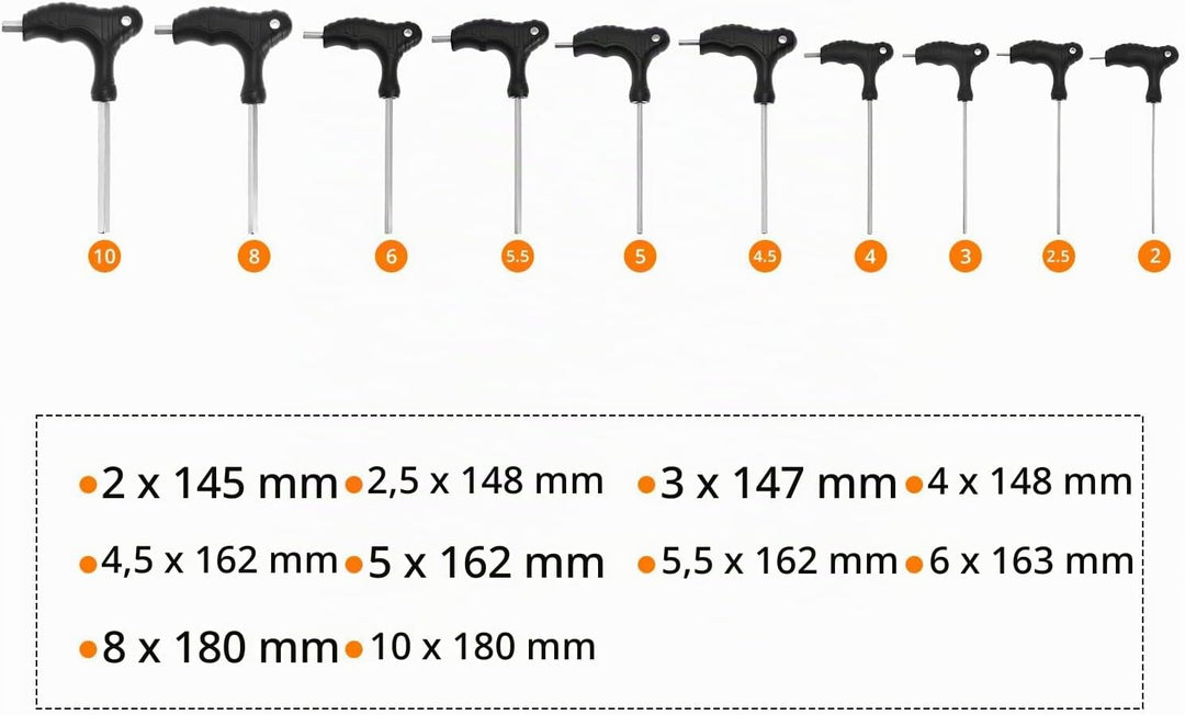 QWORK® 10 Stücke Innensechskantschlüssel Set, 2-10mm Sechskantschraubendrehe mit T-Griff, für Fahrra