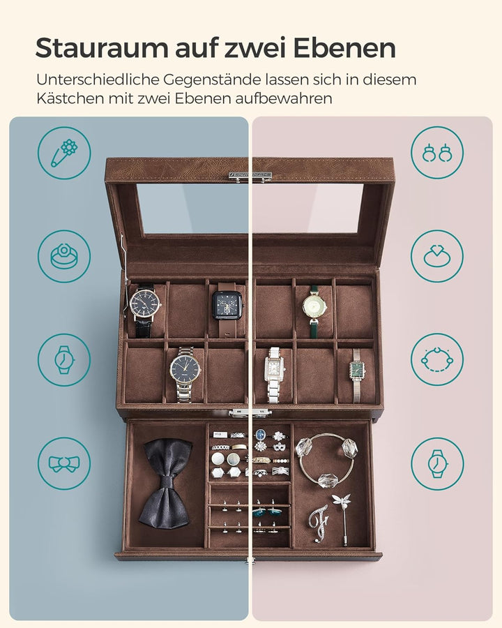 SONGMICS Uhrenbox, Uhrenkasten mit Glasdeckel, Uhrenkoffer 2 Ebenen, für 12 Uhr, abschliessbar, 1 Sc
