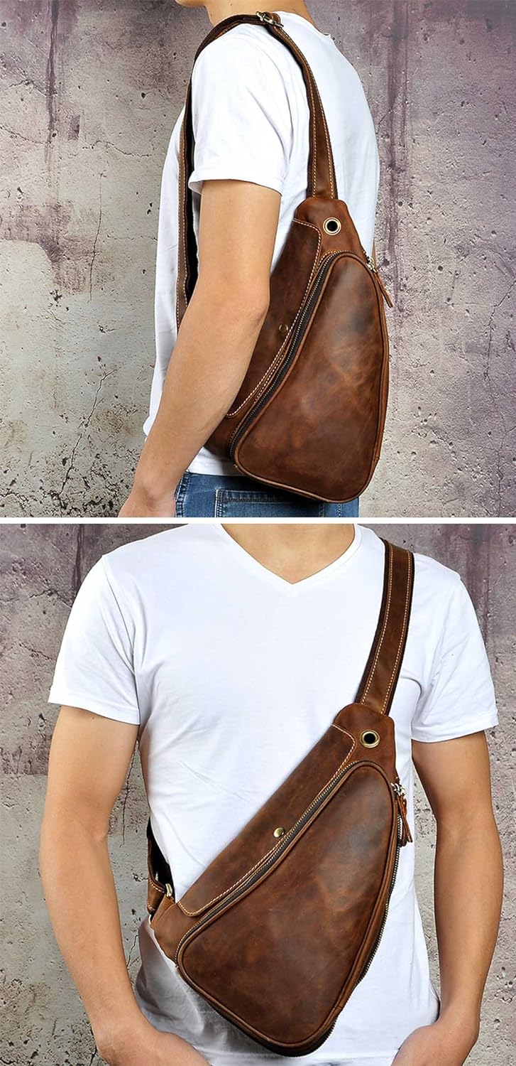Le’aokuu Herren Echtes Leder Brusttasche Crossbody Bag Sling Bag Schultertasche Rucksäcke Freitzeit