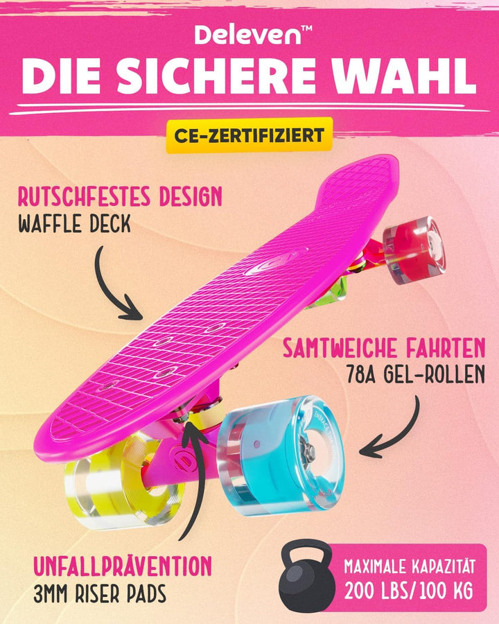 Deleven Skateboard mit LED Rollen, Skate Tool und ABEC 7 Lager - Kinder Erwachsene Anfänger - 56 cm