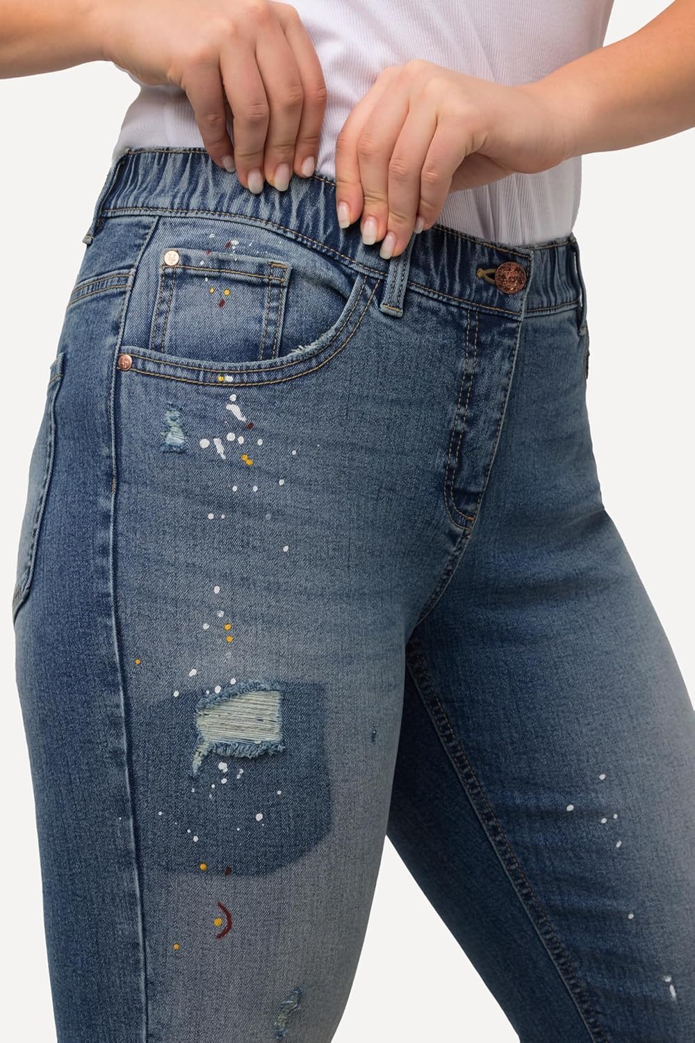 Ulla Popken Damen Boyfriend, Destroy-Effekte, Weites Bein, Stretch Jeans 46 Grosse Grössen Blue Deni