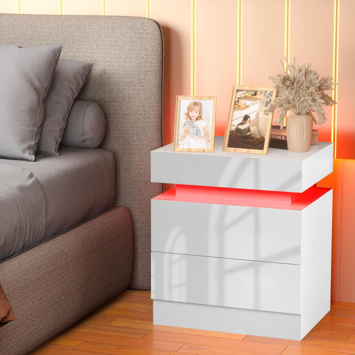PIPIPOXER Nachttisch mit LED Beleuchtung, Nachttisch Weiss Hochglanz mit 2 Schubladen, Nachtschrank