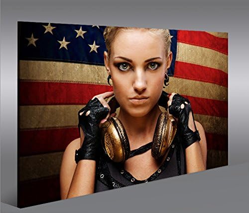 islandburner Bild Bilder auf Leinwand Girl USA Flagge Kopfhörer 1p XXL Poster Leinwandbild Wandbild