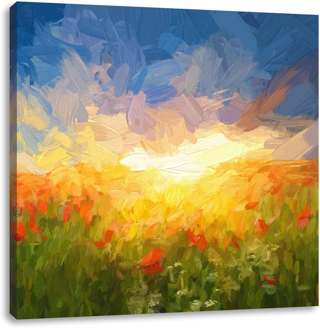 Pixxprint Mohnwiese in der Sonne als Leinwandbild/Grösse: 70x70 cm/Wandbild/Kunstdruck/fertig bespan