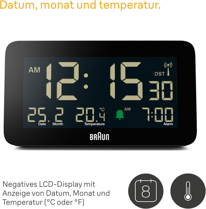 Braun Funk-Digitalwecker für die Mitteleuropäische Zeitzone (DCF) mit Datums-, Monats- und Temperatu