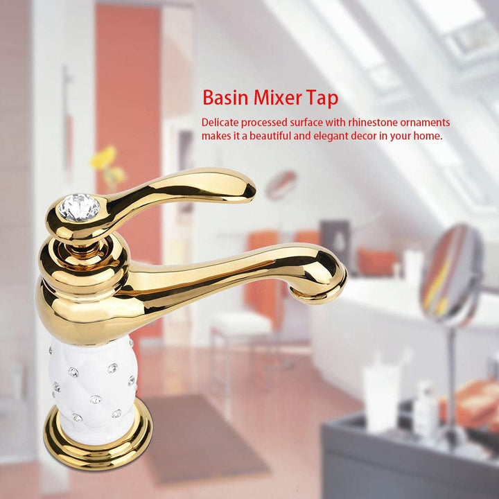 Tbest Waschtischarmatur Weiss Gold,Wasserhahn Gold,Grohe Wasserhahn Waschbecken Goldfarben Massivem