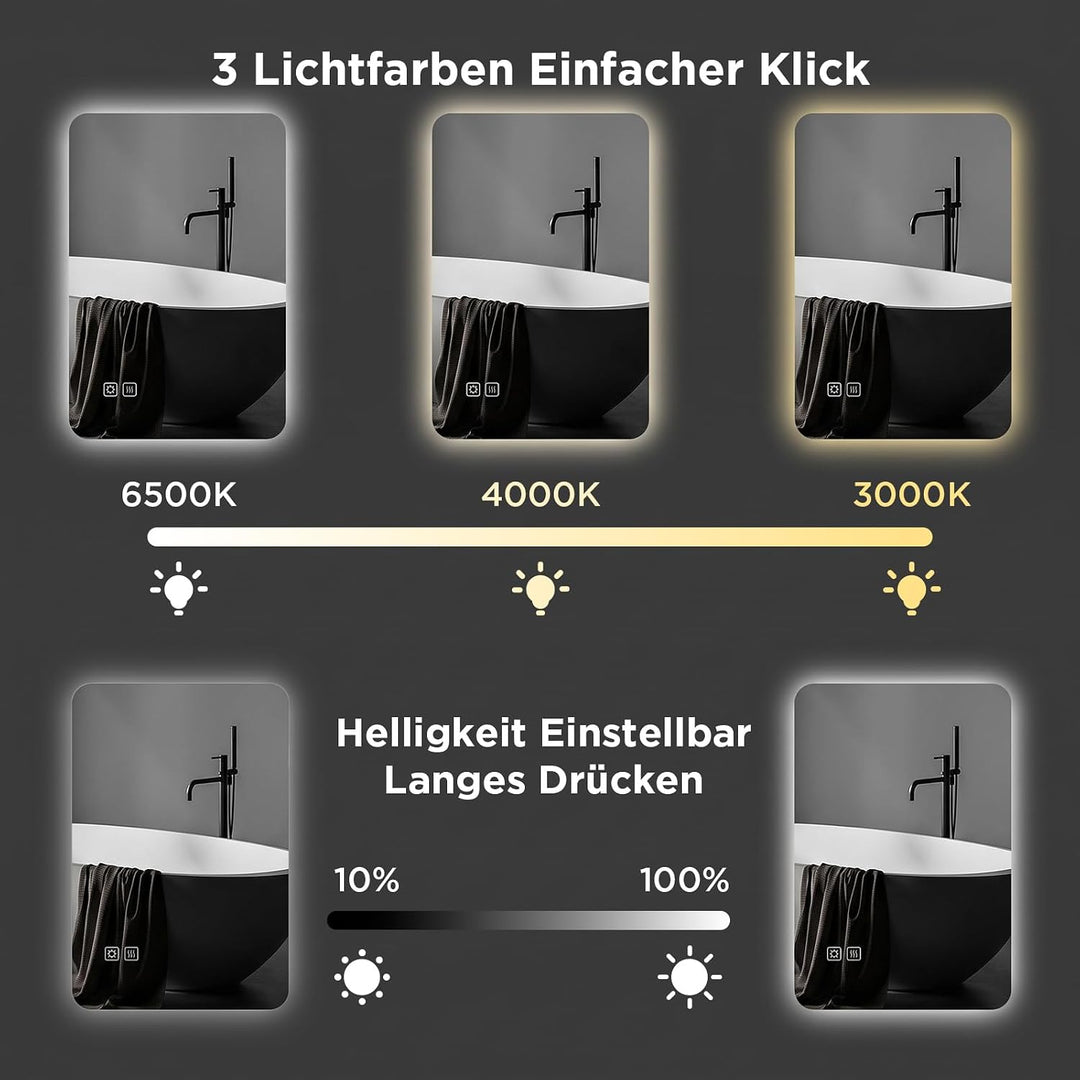 SANYCASA Backlight LED Badspiegel 50x70 cm – Wandspiegel mit Touch-Schalter, 3 Lichtfarben dimmbar,