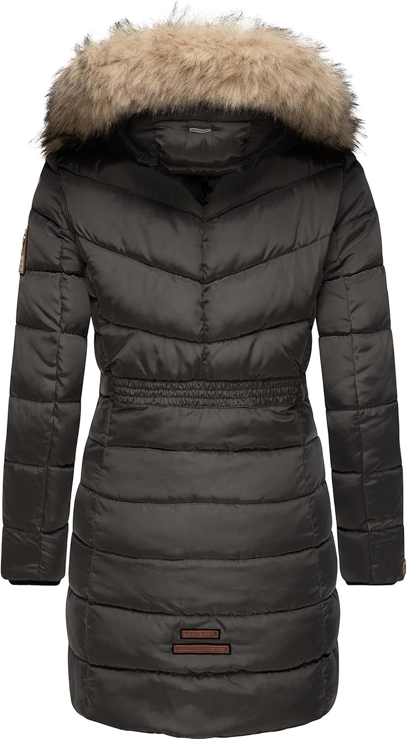Navahoo Damen Wintermantel Warmer Steppmantel lang mit Abnehmbarer Kunstfell-Kapuze Paula XS-5XL XXL