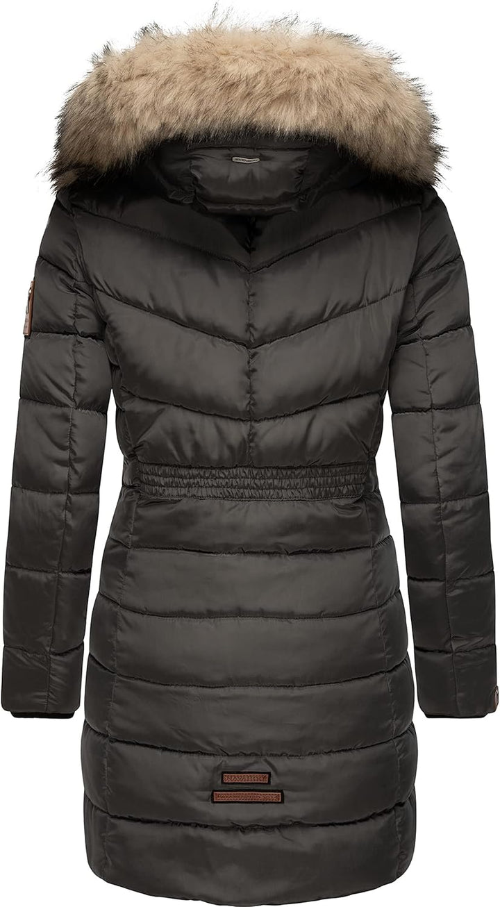 Navahoo Damen Wintermantel Warmer Steppmantel lang mit Abnehmbarer Kunstfell-Kapuze Paula XS-5XL XXL
