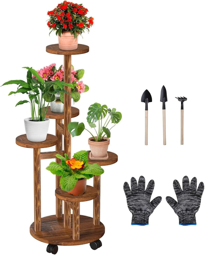 Wuciray Blumenständer Holz Pflanzenständer mit Rädern 5-Tier Pflanzentreppe Pflanzenregal Blumenbank