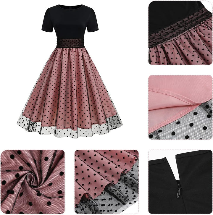Odizli Rockabilly Kleider Damen 50er Jahre Kurzarm Mesh Polka Dot Tüllkleid Sommer Swing Coctailklei