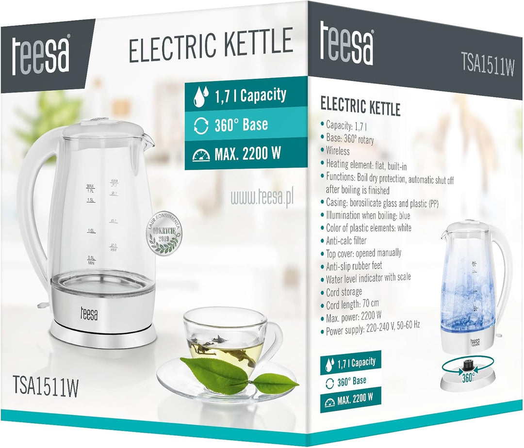 Teesa Funk-Wasserkocher TSA1511W 1,8 L Glas, Beleuchtung in Betrieb, weiss