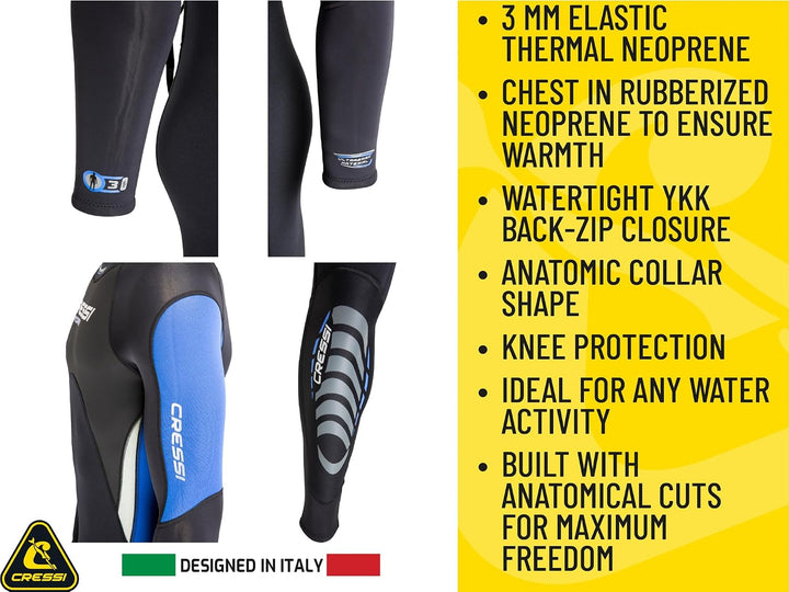 Cressi Morea Herren - Neoprenanzug 3mm für alle Wassersportarten S/2 Schwarz/Blau/Silber, S/2 Schwar