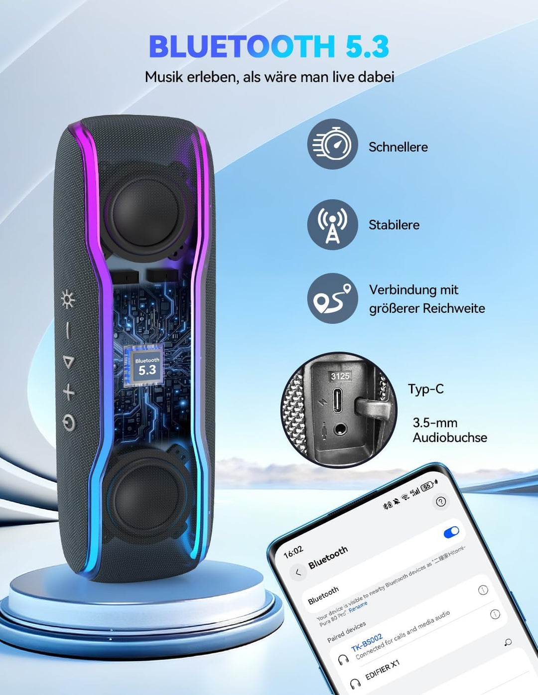 TECKNET Bluetooth Lautsprecher mit Licht, IPX7 Musikbox Kabellos Bluetooth 5,3 Speaker mit Wasserdic