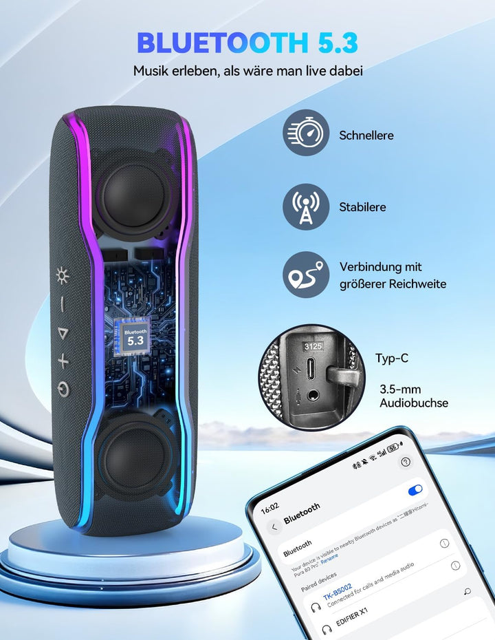 TECKNET Bluetooth Lautsprecher mit Licht, IPX7 Musikbox Kabellos Bluetooth 5,3 Speaker mit Wasserdic