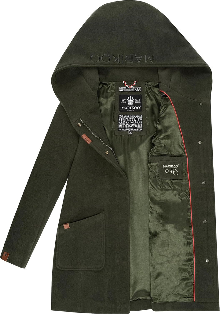 MARIKOO Damen Wollmantel Warmer Trenchcoat mit Kapuze Maikoo XS-5XL L Olive, L Olive