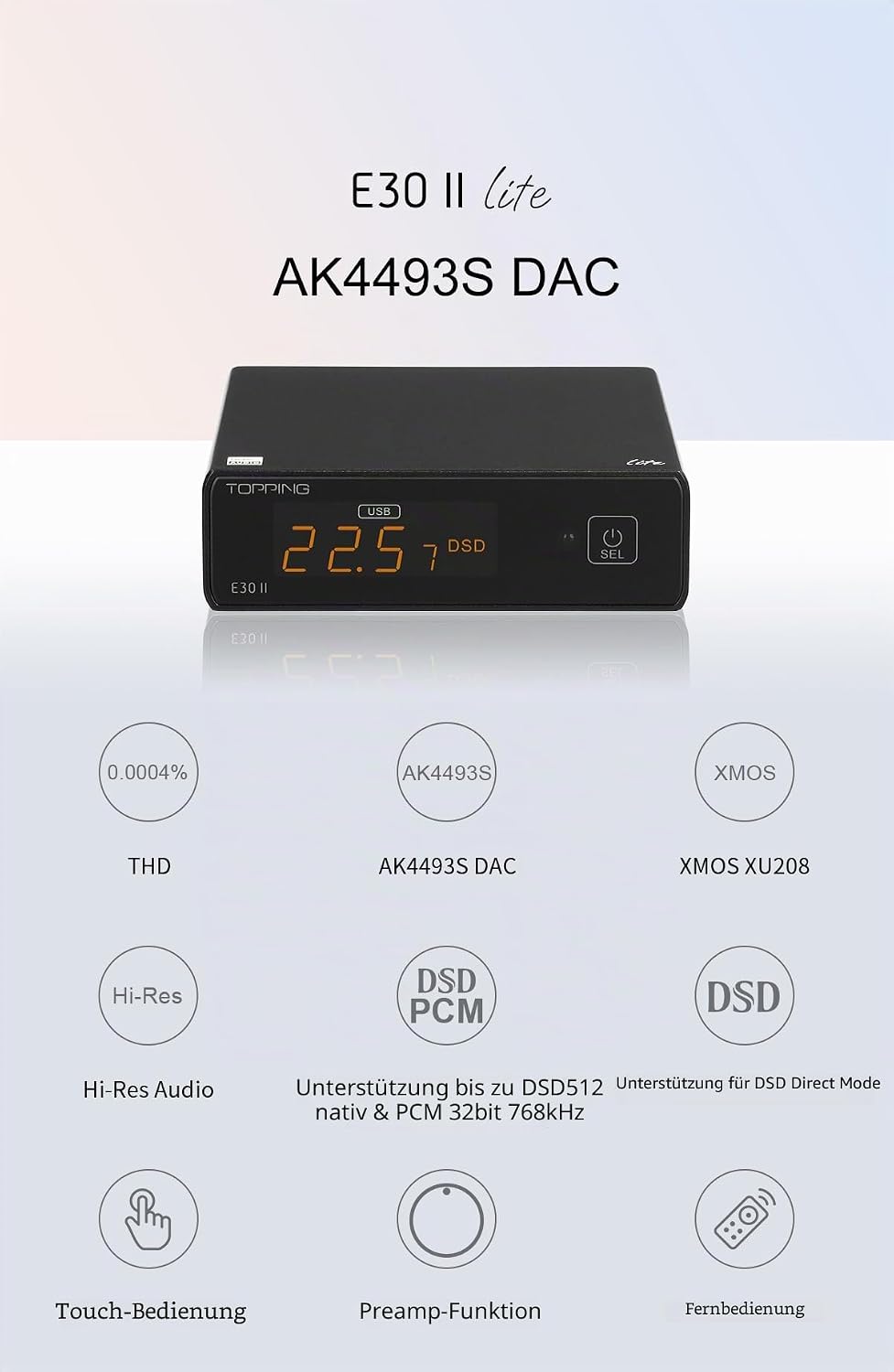 TOPPING E30II Lite AK4493S DAC Hi-Res Audio XMOS AU208 Touch Operation Preamp Decoder (Black), Black
