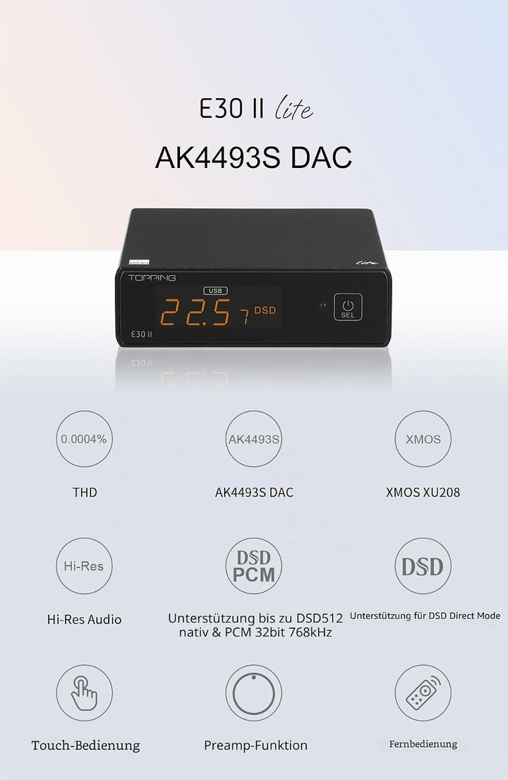 TOPPING E30II Lite AK4493S DAC Hi-Res Audio XMOS AU208 Touch Operation Preamp Decoder (Black), Black