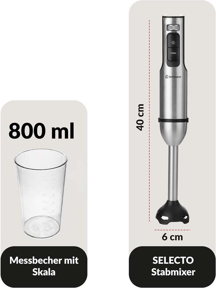 LEHMANN Stabmixer Set mit Ständer - 2000 Watt - Multifunktions Pürierstab 6-in-1-12 Geschwindigkeits