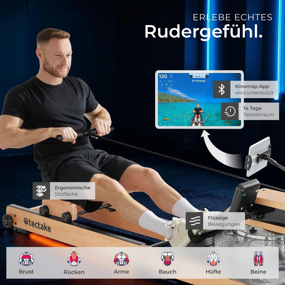 tectake® Wasser Rudergerät für Zuhause + Pulsgurt, Holzrudergerät Heimtrainer mit Wassertank, Wasser