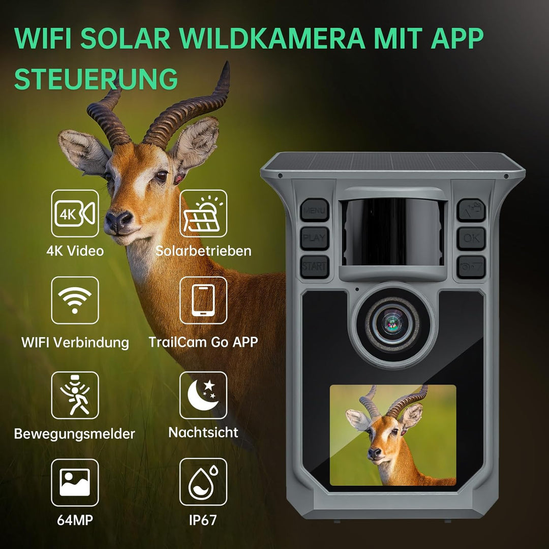 4K 64MP Wildkamera mit Handyübertragung APP, Solar WLAN Bluetooth Eingebaute 5000mAh, 64GB Speicherk