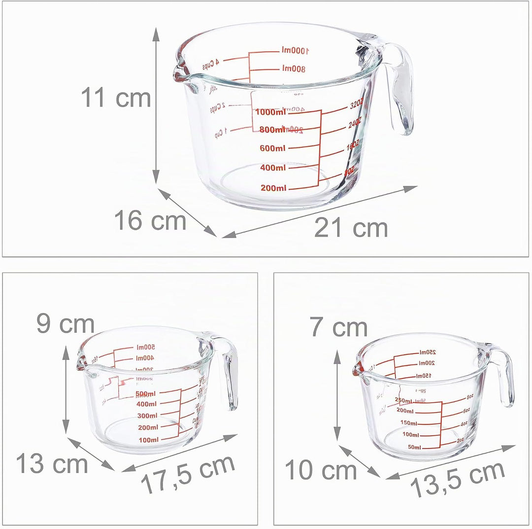 Relaxdays Messbecher Set, 3-teilig, Glasmessbecher 250 ml, 500 ml, 1l, hitzebeständig, mikrowellenge