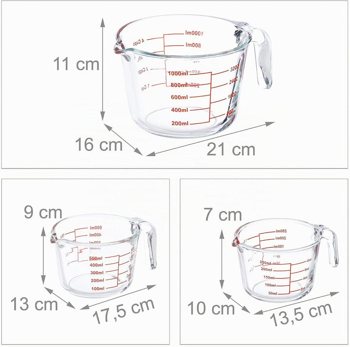 Relaxdays Messbecher Set, 3-teilig, Glasmessbecher 250 ml, 500 ml, 1l, hitzebeständig, mikrowellenge