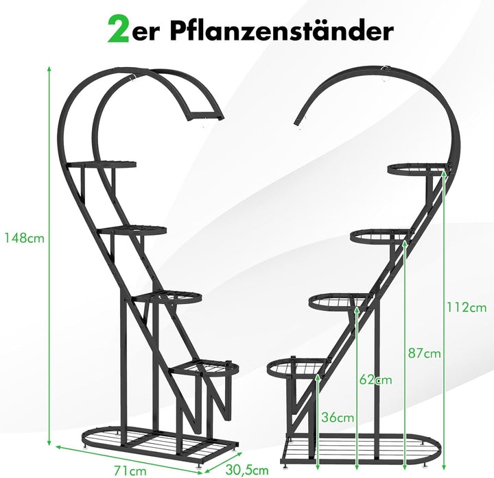 RELAX4LIFE 5-stufiger Pflanzenständer Metall, Blumentreppe Herzförmig, Pflanzenregal mit 4 Haken, Bl