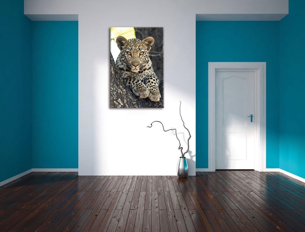 Pixxprint Leopardenbaby, Format: 100x70 auf Leinwand, XXL riesige Bilder fertig gerahmt mit Keilrahm