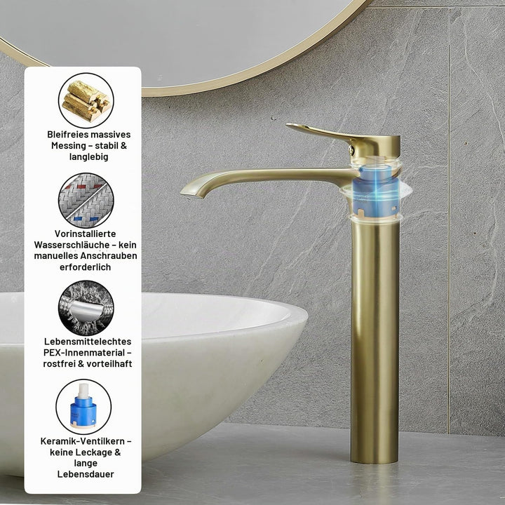 Gold Wasserhahn Bad Waschtischarmatur, Badarmatur Hoch Wasserfall Armatur für Waschbecken im Badezim