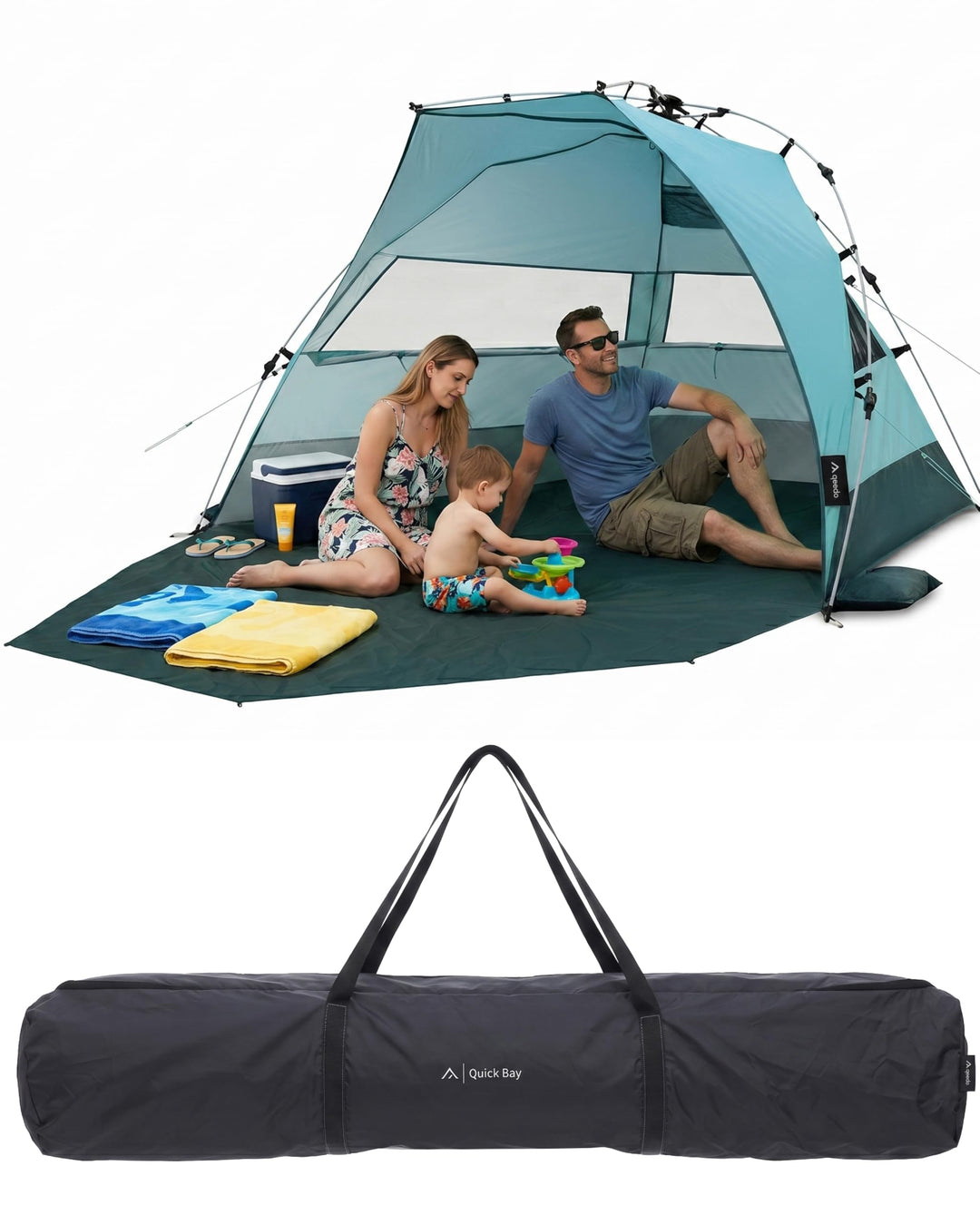 qeedo Quick Bay Pro Grosse Strandmuschel mit UV-Schutz (UV80) für 3 Personen inkl. Sandheringe und R