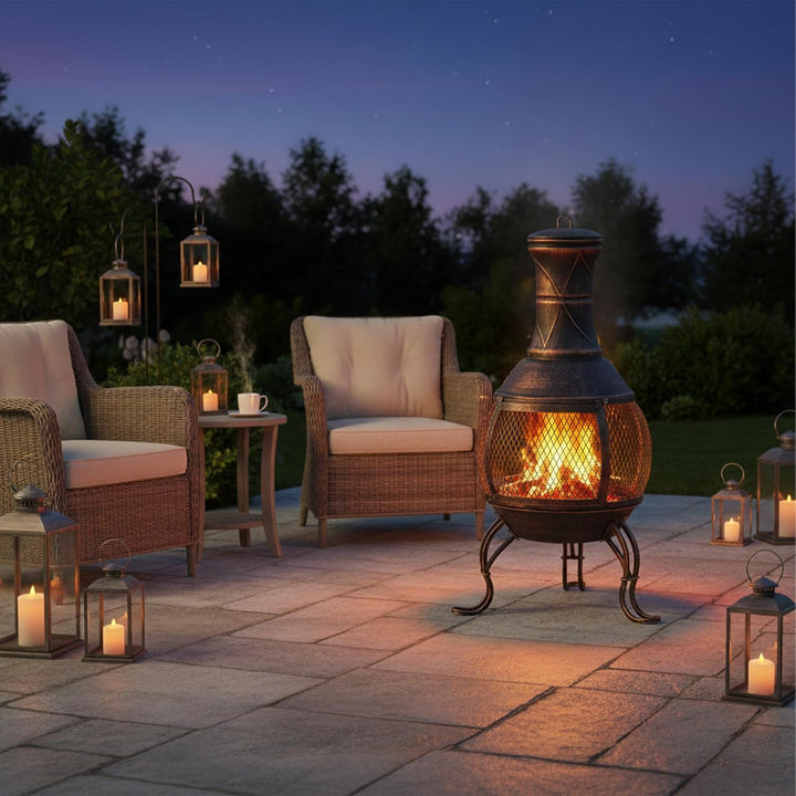 Relaxdays, Bronze Aztekenofen, Schürhaken, Holzrost, Funkenschutzgitter, Garten, Terrasse, antiker F