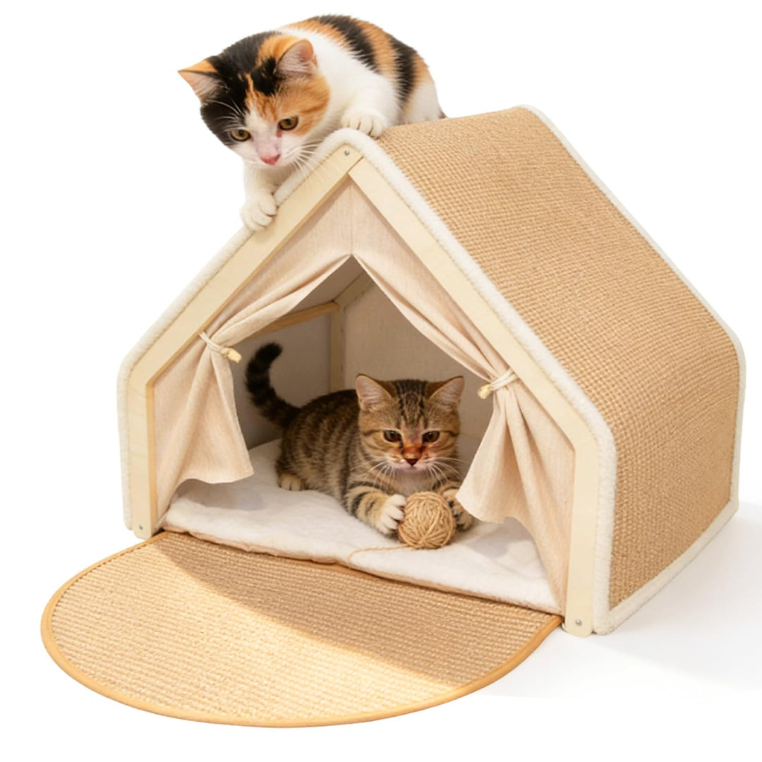 2-in-1 Katzenhaus mit Kratzbrett, Holz katzenzelt &amp; Sisal Kratzfläche als Gemütliche Katzenhöhle für