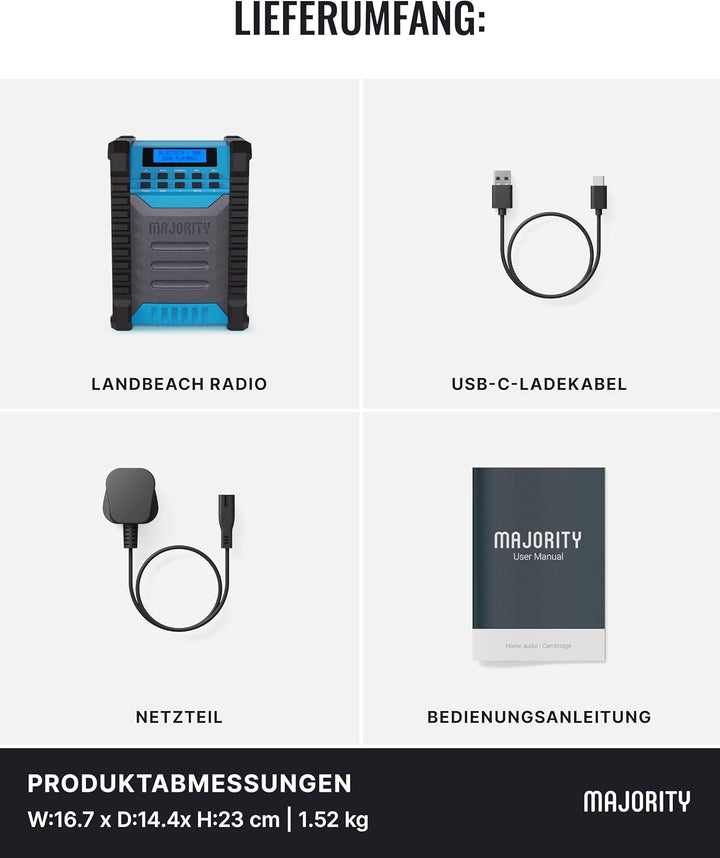MAJORITY Landbeach Baustellenradio | DAB Radio mit Bluetooth für Baustelle | 10.000mAh Akku & USB-Po