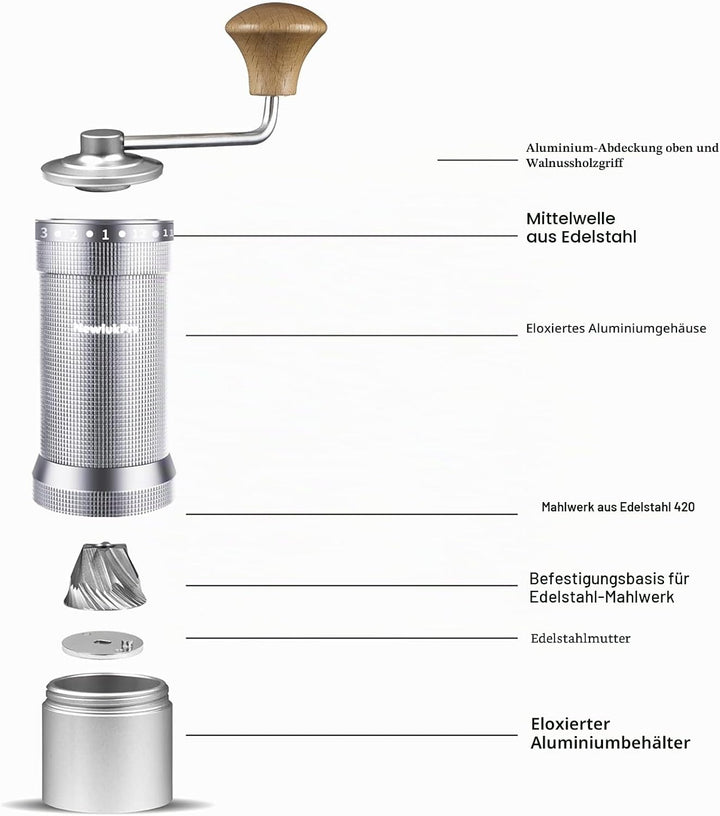 M7 Manuelle Kaffeemühle, scharfer Heptagona-Fräser, Walnuss-Griff, 48 Einstellungen, dreilagiger Kaf