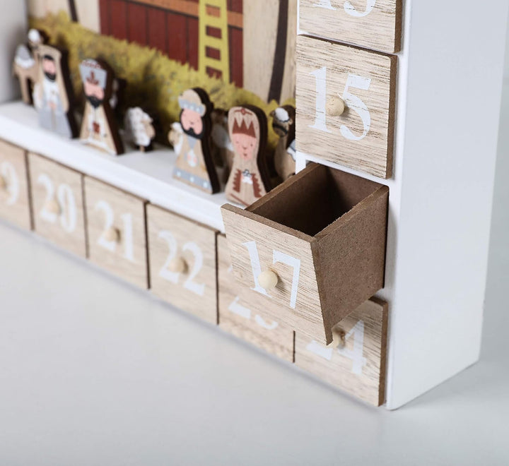 BRUBAKER Adventskalender aus Holz zum Befüllen - Bibelgeschichte Krippe mit LED Beleuchtung - Wieder