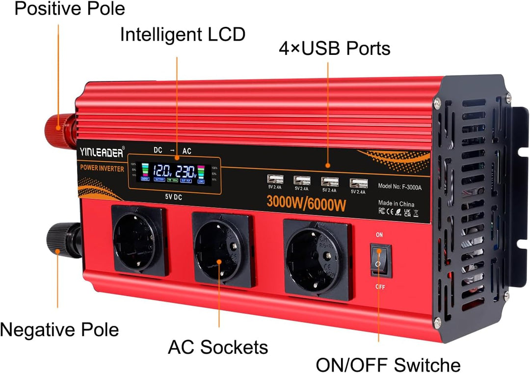 Wechselrichter 12V 230V 3000W /6000W Wechselrichter Fernbedienung 4X USB und LCD 3 AC Steckdosen Mod