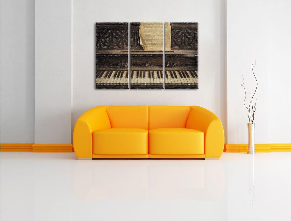 Pixxprint Antikes Klavier mit Notenblatt Bunstift Effekt 3-Teiler Leinwandbild 120x80 Bild auf Leinw