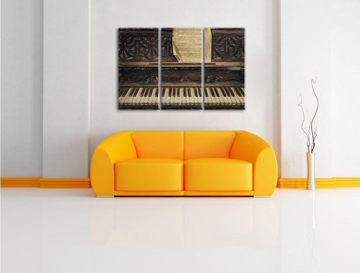 Pixxprint Antikes Klavier mit Notenblatt Bunstift Effekt 3-Teiler Leinwandbild 120x80 Bild auf Leinw