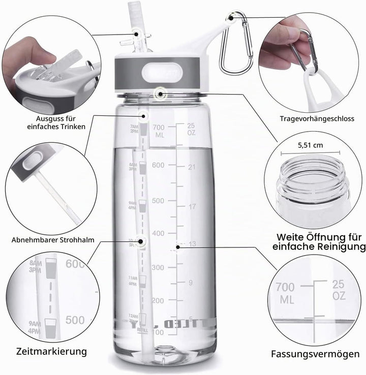 Louis Donné 800ml Transparent Auslaufsicher Trinkflasche Sports Wasserflasche Mit Zeitmarkierungs-Tr